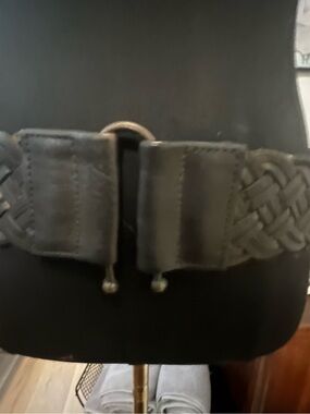 Vintage leather and brass buckle Women wide Braided Stretch Belt Black boho M